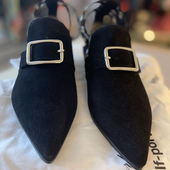 Robert Clergerie x Self-Portrait Black Suede Buckle Slingback Flats (Size 36) - Picture 4 of 7